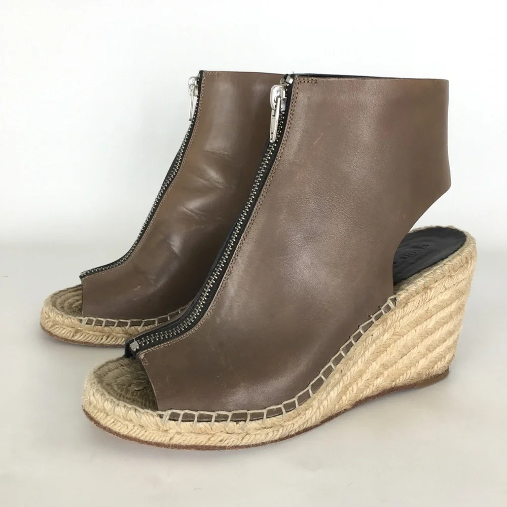 Celine Leather Espadrille Wedges Zipper Sandals Tan Taupe Peep Toe Designer